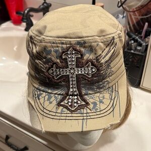 Rhinestone Cross Embellished Tan Cap